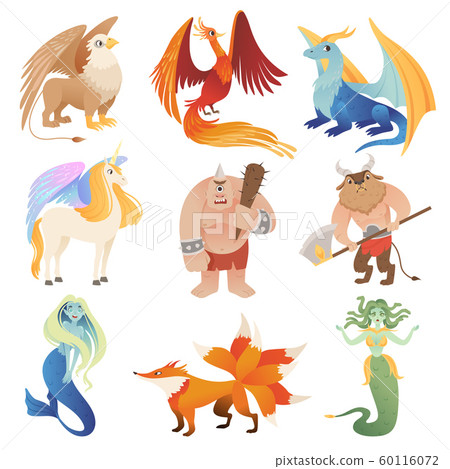 Fantastic creatures. Phoenix dragon hybrid animals flying lion minotaur centaur vector cartoon pictures 60116072