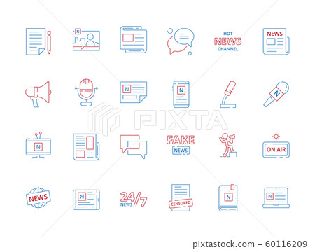 Colored news icons. Paper magazine newspaper online articles media announce source vector symbols 60116209