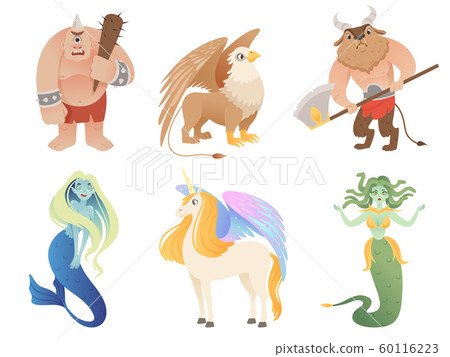 Mythical creatures. Flying lion cyclop minotaur pegasus griffin centaur vector cartoon characters 60116223