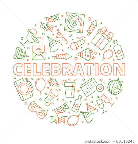 Party icon. Event birthday celebration symbols in circle shape fireworks balloons cakes stars vector template Party icon. Event birthday celebration symbols in circle shape fireworks balloons cakes stars vector template 60116245