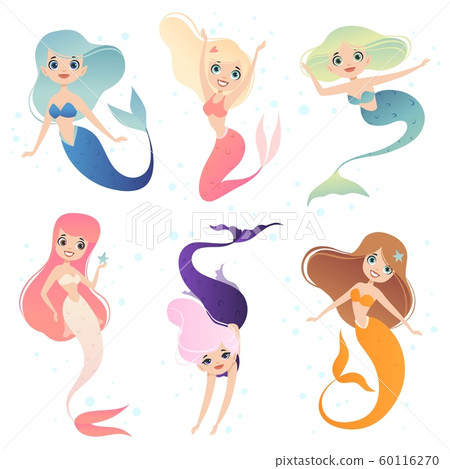 Mermaid cartoon. Underwater life character mermaid princess in action poses vector mascot Mermaid cartoon. Underwater life character mermaid princess in action poses vector mascot 60116270