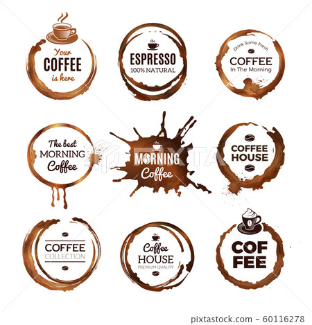 Coffee rings labels. Badges design with circles from tea or coffee espresso mocha cup vector template with place for text 60116278