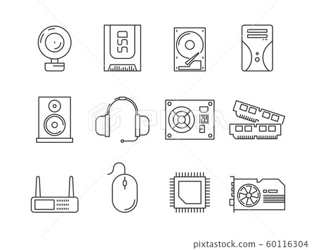 Hardware pc components. Symbols of computer items processor server ssd or hdd memory ram vector line icons Hardware pc components. Symbols of computer items processor server ssd or hdd memory ram vector line icons 60116304