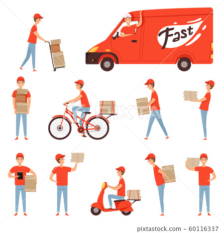 Pizza delivery characters. Van and motorcycle or moped for delivery man fast business service restaurant transport vector pictures 60116337