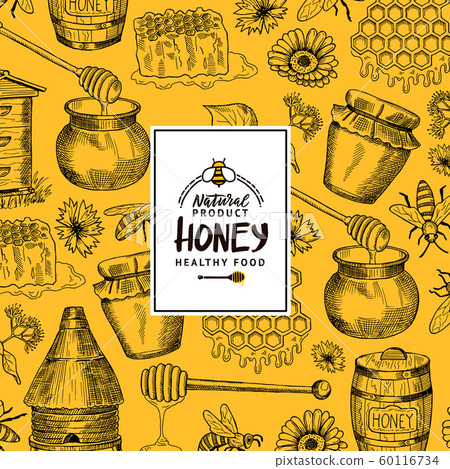 Vector background with sketched contoured honey theme elements with logo or badge for hone shop or farm Vector background with sketched contoured honey theme elements with logo or badge for hone shop or farm 60116734