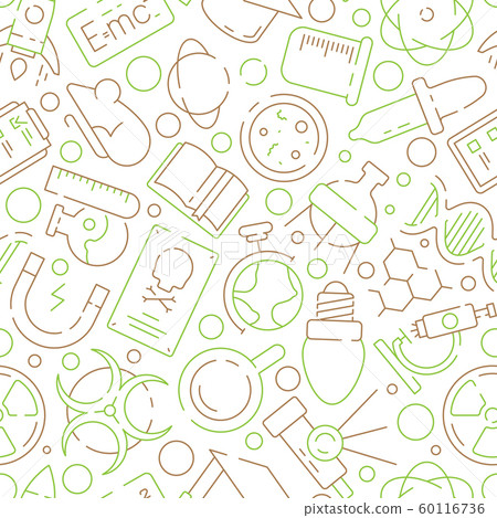 Science pattern. Physics or chemical experiment scientific industry lab equipment symbols vector seamless background 60116736