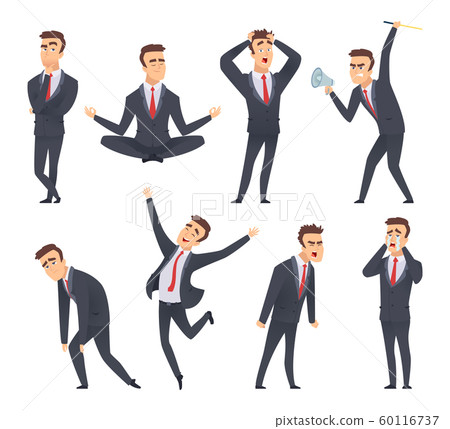 Businessman emotions. Angry kind sweet smiling happy satisfied different faces and poses of office managers vector characters Businessman emotions. Angry kind sweet smiling happy satisfied different faces and poses of office managers vector characters 60116737