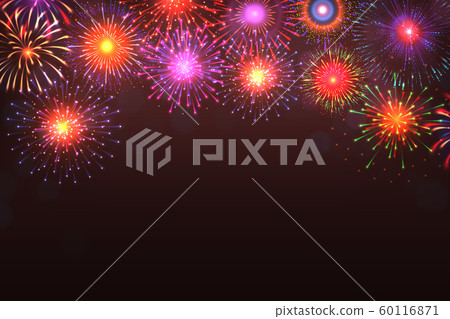 Fireworks background. Colorful explosion with light burst effect on dark background with place for text. Vector party celebration poster 60116871