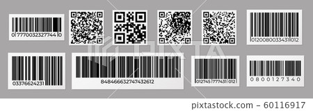 Barcode and QR code. Product price sticker with stripped identification mark for retail, data bar number. Vector inventory tag set 60116917