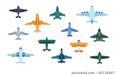 Flat airplanes. Top view of military jet aircraft and civil turbofan aviation planes, transport aviation. Vector isolated planes Flat airplanes. Top view of military jet aircraft and civil turbofan aviation planes, transport aviation. Vector isolated planes 60116987