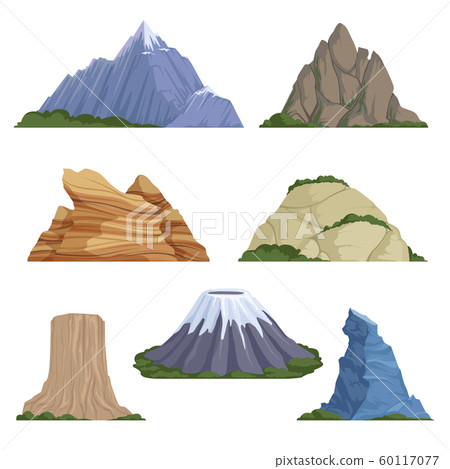 Cartoon mountains. Snow rockies summer terrain outdoor rock landscape vector background isolated 60117077