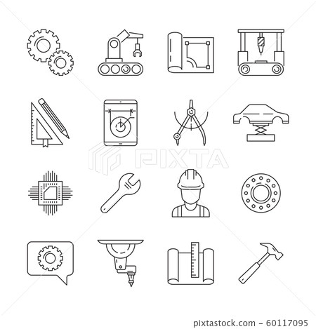 Engineering icon. Mechanical manufacturing technician engineer vector thin line symbols isolated 60117095