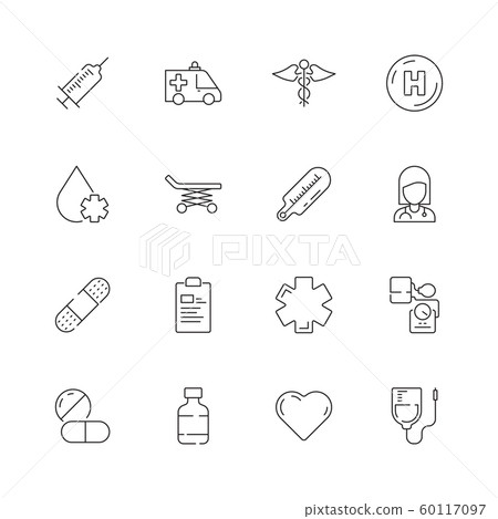 Medical icon. Urgency healthcare emergency capsule drugs pills vector thin line symbols 60117097