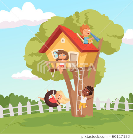 House on tree. Cute children playing in garden nature climbing vector kids background 60117123
