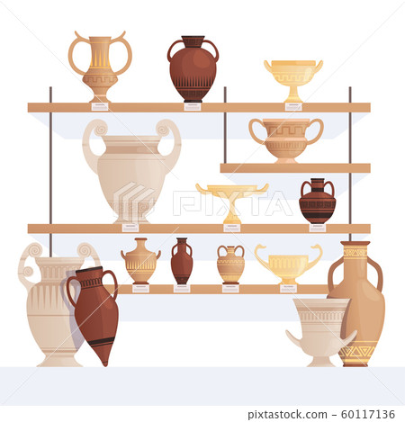 Old jug on shelves. Antique vessel in museum history clay cups and amphoras vector cartoon concept 60117136