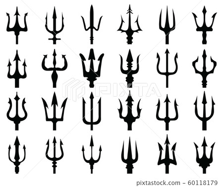 Set of black silhouettes of trident on a white background	 60118179