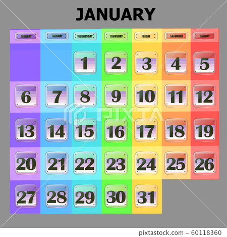 Colorful calendar for January 2020 in english. Set of buttons with calendar dates. Colorful calendar for January 2020 in english. Set of buttons with calendar dates. 60118360