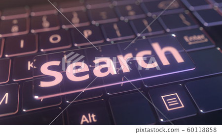 Futuristic computer keyboard and transparent search key. Conceptual 3D rendering Futuristic computer keyboard and transparent search key. Conceptual 3D rendering 60118858