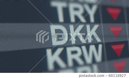 Decreasing Danish Krone exchange rate indicator on computer screen. DKK forex ticker 3D rendering 60118927