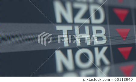 Decreasing Thai Baht exchange rate indicator on computer screen. THB forex ticker 3D rendering Decreasing Thai Baht exchange rate indicator on computer screen. THB forex ticker 3D rendering 60118940