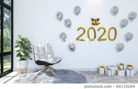 Interior of Living Room Decorating with Golden and Silver Balloon on Wall and Gift Boxes to Celebrate New Year 2020, 3D Rendering 60119264