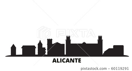 Spain, Alicante city skyline isolated vector illustration. Spain, Alicante travel black cityscape Spain, Alicante city skyline isolated vector illustration. Spain, Alicante travel black cityscape 60119291