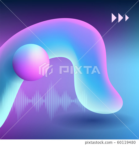 Modern colorful flow poster. Wave Liquid shape on dark pink color background with the musical wave and sign play. 60119480