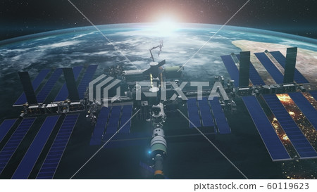 Close up of ISS orbiting realistic planet Earth 60119623