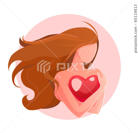 Love yourself concept. Girl Healthcare Vector illustration. Woman hugging herself with heart, white isolated background. lonely valentines greeting card. self-esteem mental health logo. 60119813