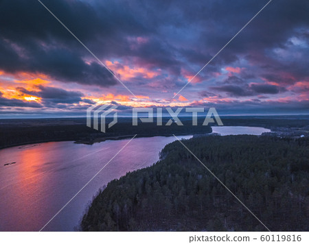 Lake with islands and a purple sunset, aerial panorama 60119816