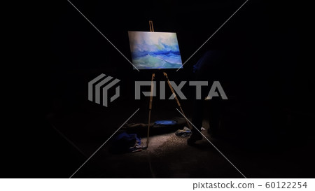 Artist copyist paint seascape with ship in ocean. Craftsman decorator draw as boat sail on blue sea. Black background. Wide angle shot. Artist copyist paint seascape with ship in ocean. Craftsman decorator draw as boat sail on blue sea. Black background. Wide angle shot. 60122254