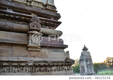 Khajuraho, India, World Heritage Khajuraho Temple, beautiful sculpture and dusk 60123238