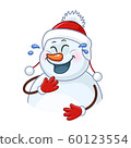 Laughing snowman wearing a hat with pom poms 60123554