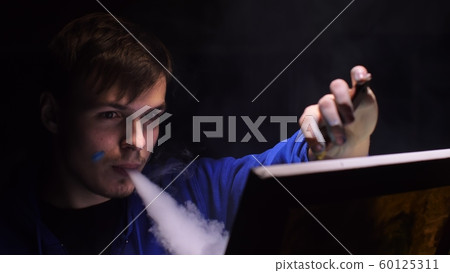 Artist copyist paint seascape with ship in ocean. Vaper smoke vape e-cigarette. Craftsman decorator draw as boat sail on blue sea with acrylic color. Artist copyist paint seascape with ship in ocean. Vaper smoke vape e-cigarette. Craftsman decorator draw as boat sail on blue sea with acrylic color. 60125311
