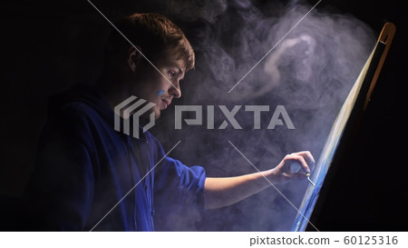 Artist copyist paint seascape with ship in ocean. Vaper smoke vape e-cigarette. Craftsman decorator draw as boat sail on blue sea with acrylic color. 60125316