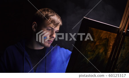 Artist copyist paint seascape with ship in ocean. Vaper smoke vape e-cigarette. Craftsman decorator draw as boat sail on blue sea with acrylic color. 60125317