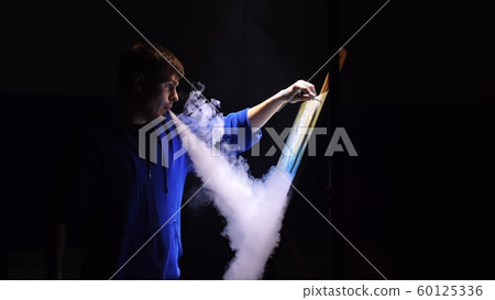 Artist copyist paint seascape with ship in ocean. Vaper smoke vape e-cigarette. Craftsman decorator draw as boat sail on blue sea with acrylic color. 60125336