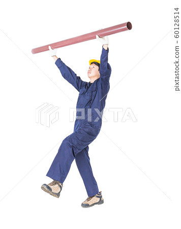 Plumber in uniform holding pvc pipe on white Plumber in uniform holding pvc pipe on white 60128514
