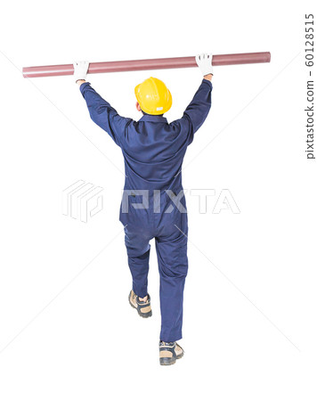 Plumber in uniform holding pvc pipe on white Plumber in uniform holding pvc pipe on white 60128515