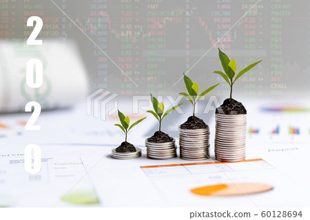 2020 New year on growing up money coin stack  60128694
