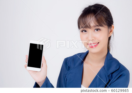Beautiful portrait young business asian woman show blank smart mobile phone isolated Beautiful portrait young business asian woman show blank smart mobile phone isolated 60129985