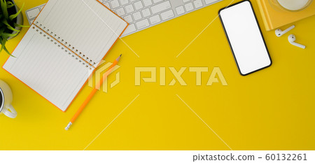 Top view of trendy workspace with mock up 60132261