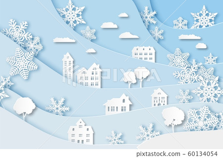 Winter village. Christmas holidays white landscape with house, snowing trees and snowflake vector cut paper decoration Winter village. Christmas holidays white landscape with house, snowing trees and snowflake vector cut paper decoration 60134054