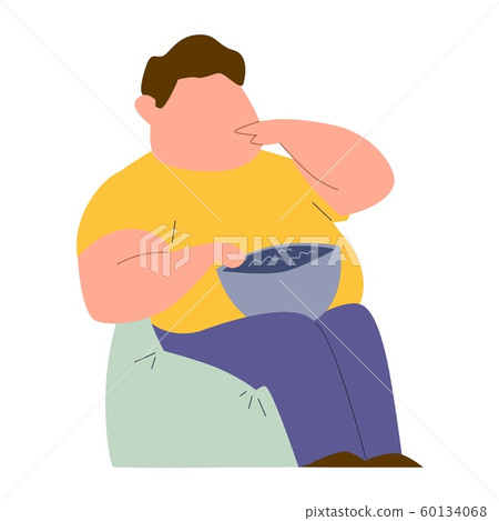 Eating addiction. Mental ill addict fat man sitting in chair and eating fast food color vector concept 60134068