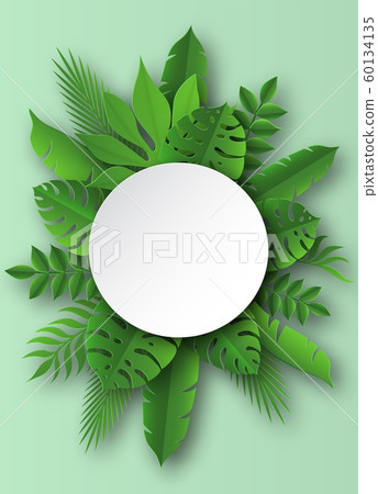 Paper tropical leaves. Papercut summer beach exotic pulm decoration vector round banner Paper tropical leaves. Papercut summer beach exotic pulm decoration vector round banner 60134135