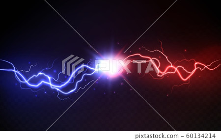 Lightning collision. Powerful colored lightnings, electric forces thunderbolt clash electrical energy sparkling blast, vector versus concept 60134214