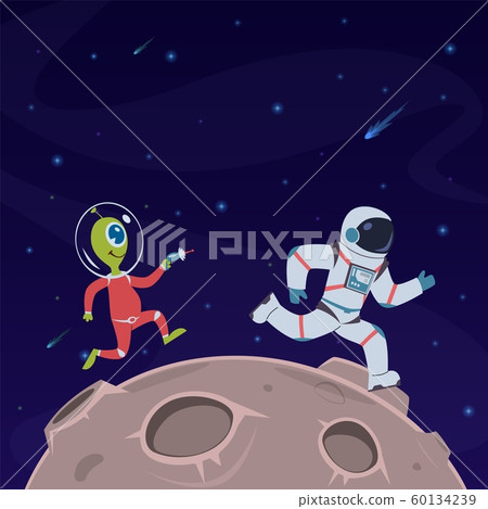 Astronaut and alien. Spaceman runs away from alien humanoid with blaster gun. War in space cartoon vector childish concept 60134239