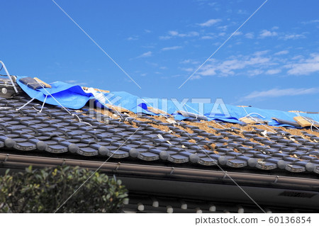 有藍色板料的損壞的房子在屋頂 60136854