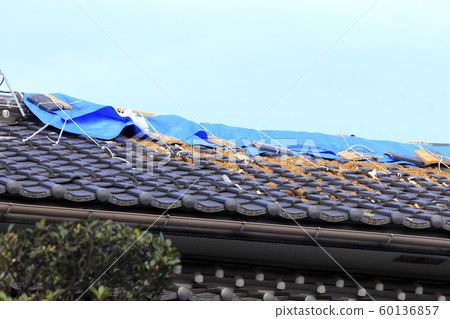 有藍色板料的損壞的房子在屋頂 60136857