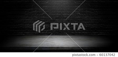 Studio dark room black brick wall with concrete shelf table for product showing. 60137042